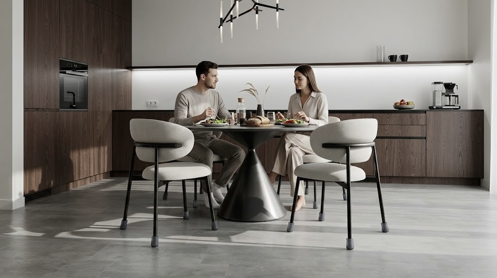 Светлая кварц-виниловая плитка в интерьере кухни
